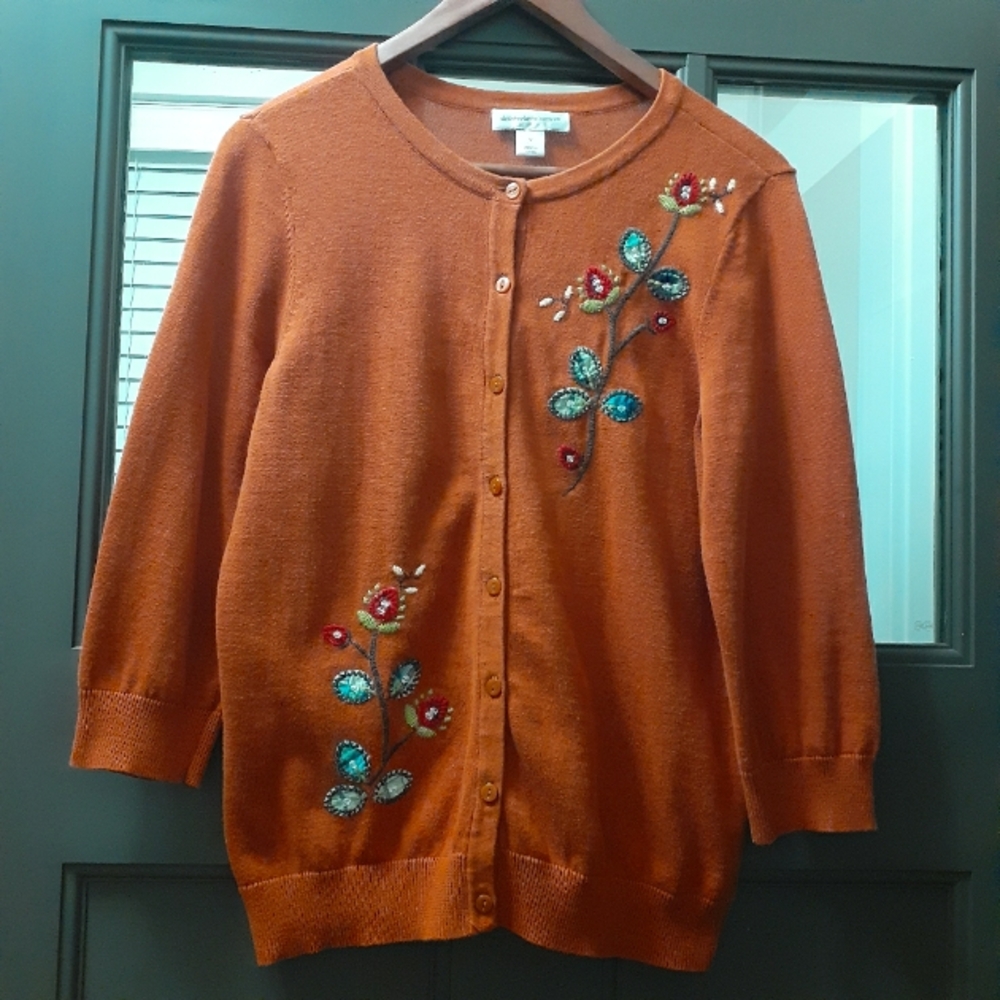 Christopher & Banks Embroidered Floral Rust Button Up Cardigan 100% Cotton